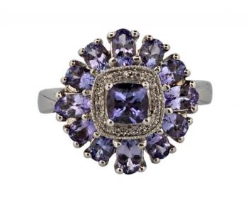 Stříbrný luxusní prsten s tanzanity a diamanty Stříbrný luxusní prsten s tanzanity a diamanty