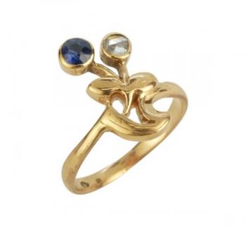 Zlatý secesní prsten s diamantem a safírem Zlatý secesní prsten s diamantem a safírem