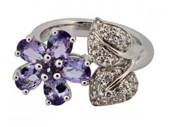 Stříbrný prsten ”květina” s tanzanity a diamanty Stříbrný prsten ”květina” s tanzanity a diamanty