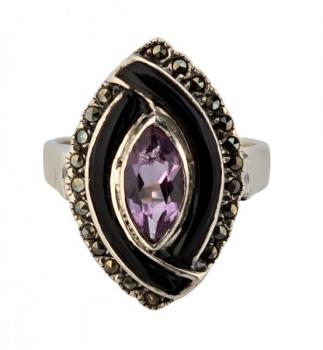 Stříbrný Art Deco prsten s ametystem a emailem Stříbrný Art Deco prsten s ametystem a emailem