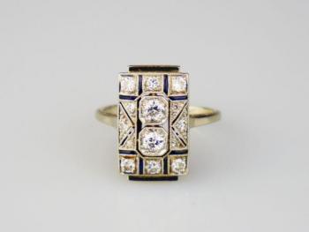 Zlatý art deco prsten s diamanty a safírky Zlatý art deco prsten s diamanty a safírky