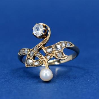 Zlat secesn prsten s briliantem a perlou